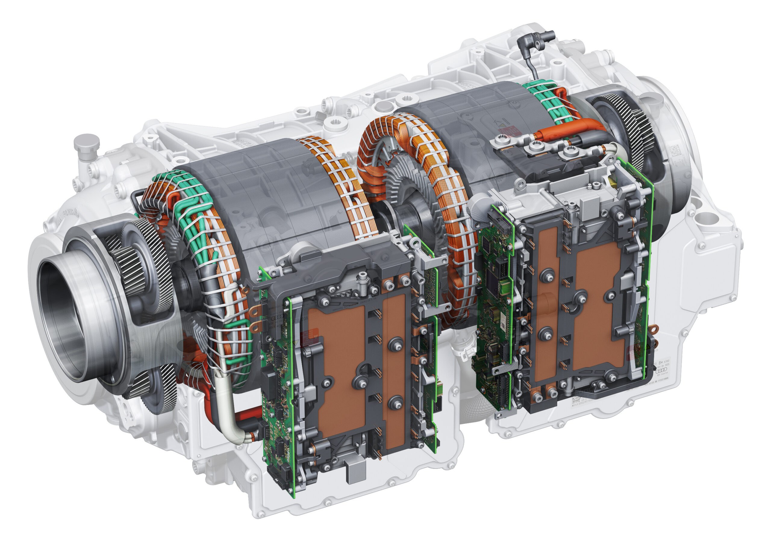 Twin-drive e-tron S: X-ray view of the two electric motors each with one power electronics module (at front in illustration) and one reduction gearbox (at side)